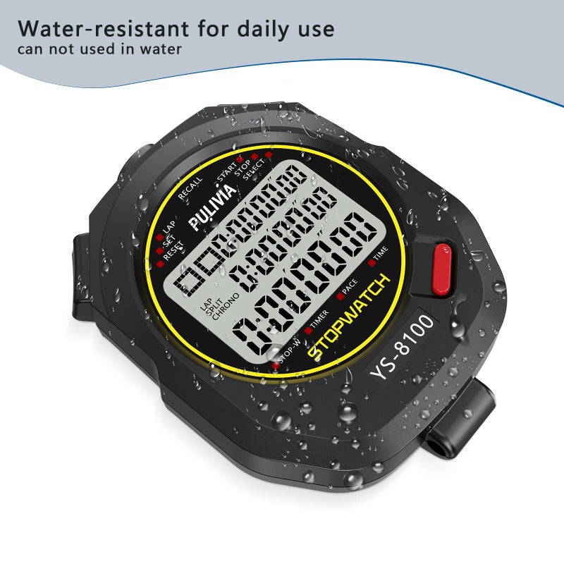 PULIVIA ساعة توقيت رياضية PULIVIA مع ذاكرة تقسيم 100 لفة، ساعة توقيت رقمية، مؤقت عد تنازلي، وضع سرعة، ساعة 12/24، تقويم مع منبه، شاشة كبيرة ثلاثية الصفوف، مقاومة للماء، بطارية مشمولة - Image 5